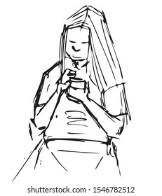 Simple hand drawn black and white trendy line portrait art