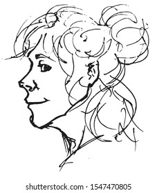Simple hand drawn black and white trendy line portrait art