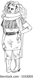 Simple hand drawn black and white trendy line portrait art Woman full body shot