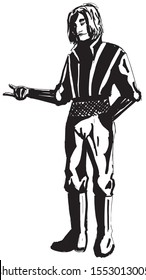 Simple hand drawn black and white trendy line portrait art man full body shot