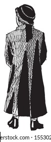 Simple hand drawn black and white trendy line portrait art old Woman full body shot