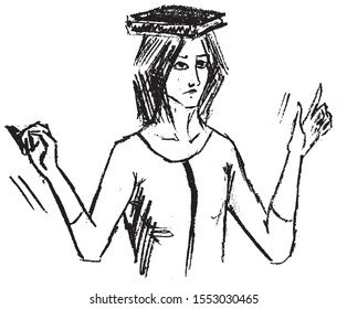 Simple hand drawn black and white trendy line portrait art woman with book
