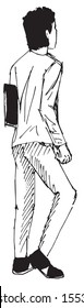 Simple hand drawn black and white trendy line portrait art man full body shot