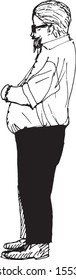 Simple hand drawn black and white trendy line portrait art old man full body shot