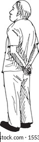 Simple hand drawn black and white trendy line portrait art old man full body shot