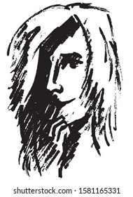 Simple hand drawn black and white trendy line portrait art
