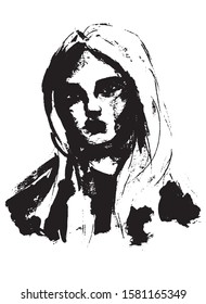 Simple hand drawn black and white trendy line portrait art