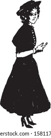 Simple hand drawn black and white trendy line portrait art the woman in a dress