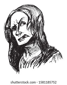 Simple hand drawn black and white trendy line portrait vampire art