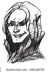 Simple hand drawn black and white trendy line portrait vampire art