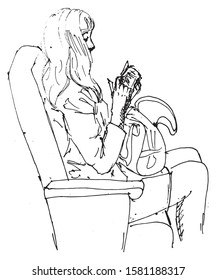 Simple hand drawn black and white trendy line portrait art  sitting Woman 