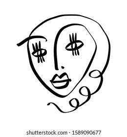 Simple hand drawn black and white trendy line portrait face art. Abstract composition. Monochrome print for clothes, textile, posters and other. Vector illustration