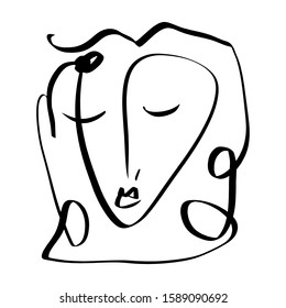 Simple hand drawn black and white trendy line portrait face art. Abstract composition. Monochrome print for clothes, textile, posters and other. Vector illustration