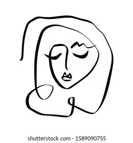 Simple hand drawn black and white trendy line portrait face art. Abstract composition. Monochrome print for clothes, textile, posters and other. Vector illustration