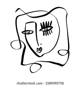 Simple hand drawn black and white trendy line portrait face art. Abstract composition. Monochrome print for clothes, textile, posters and other. Vector illustration