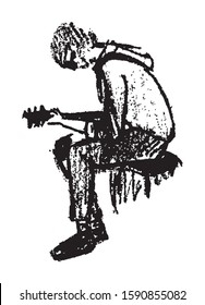 Simple hand drawn black and white trendy line portrait art the man with a guitar