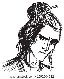 Simple hand drawn black and white trendy line portrait art