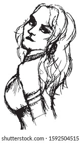 Simple hand drawn black and white trendy line portrait art