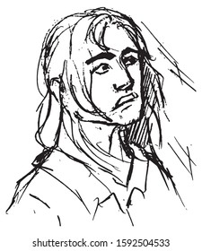 Simple hand drawn black and white trendy line portrait art