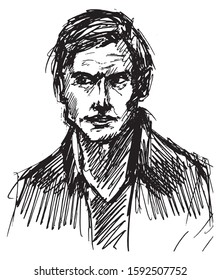 Simple hand drawn black and white trendy line portrait art