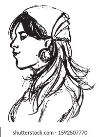 Simple hand drawn black and white trendy line portrait art