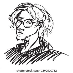 Simple hand drawn black and white trendy line portrait art