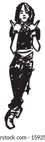 Simple hand drawn black and white trendy line portrait art  Woman full body shot