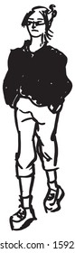Simple hand drawn black and white trendy line portrait art  Woman full body shot