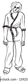 Simple hand drawn black and white trendy line portrait art  Woman full body shot