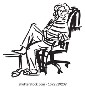Simple hand drawn black and white trendy line portrait art sitting Woman 