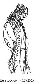 Simple hand drawn black and white trendy line portrait art