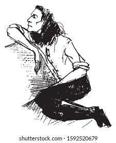 Simple hand drawn black and white trendy line portrait art sitting man 
