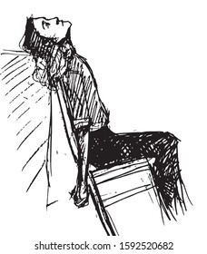 Simple hand drawn black and white trendy line portrait art sitting man 