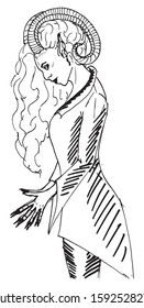 Simple hand drawn black and white trendy line portrait art the woman with horns