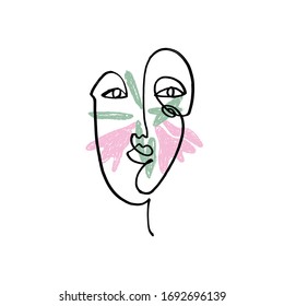 Simple hand drawn black and white trendy line portrait faces art. Color print for clothes, textile and other. Vector illustration, EPS