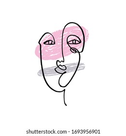 Simple hand drawn black and white trendy line portrait faces art. Color print for clothes, textile and other. Vector illustration, EPS.