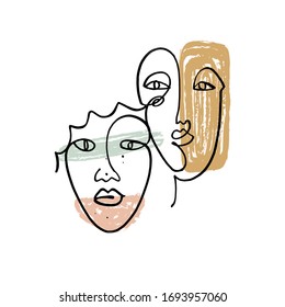 Simple hand drawn black and white trendy line portrait faces art. Color print for clothes, textile and other. Vector illustration, EPS