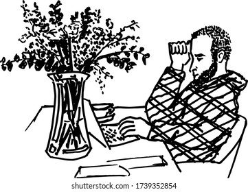 Simple hand drawn black and white trendy line portrait art working hours