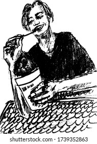 Simple hand drawn black and white trendy line portrait art