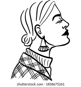 Simple hand drawn black and white trendy line portrait art of the woman