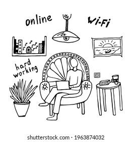 simple hand drawn black and white set of young faceless girl sitting on armchair and surfing internet