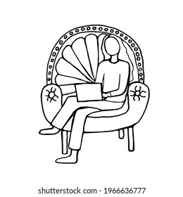 simple hand drawn black and white set of young faceless girl sitting on armchair and surfing internet, vector, flat, doodle