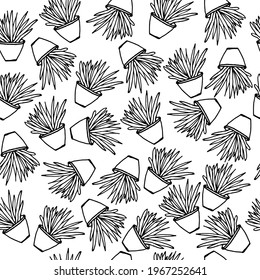 simple hand drawn black and white pattern of flower in pot, vector, flat, wallpaper