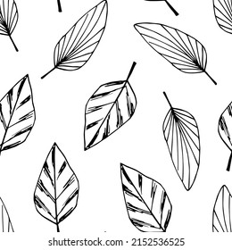 Sencillo patrón sin fisuras de vector floral blanco y negro dibujado a mano. Hojas tropicales, follaje. Para impresiones de tela, empaque, decoración del hogar, productos textiles, papelería.