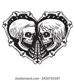 simple hand drawn of black and white skull male and female in shape of heart bone line art illustration