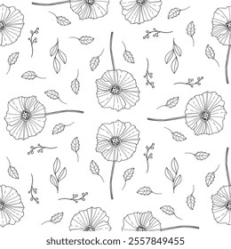 Simple hand drawn black and white floral pattern is cute and naive. Small ditsy blossom design is minimal and modest