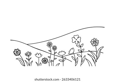 Simple hand drawn black and white meadow of blooming flowers in minimalist style