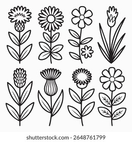 Simples mão desenhada arranjos florais preto e branco para fins de design e decorativos.