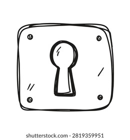 A simple hand drawn black and white doodle illustration of a square metal plate with a central keyhole and four corner screws