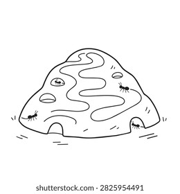 A simple hand drawn black and white outline illustration of an anthill with multiple small ants crawling on its surface and entering tunnels